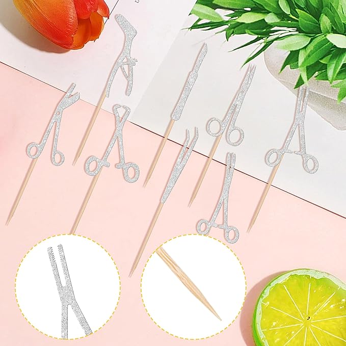 24 PCS Surgical Tool Cupcake Toppers Glitter Surgeon Party Cupcake Picks Surgical Doctor Graduation Cake Decorations for Surgeon Sterile Processing Tech Tool Theme Birthday Party Supplies Silver