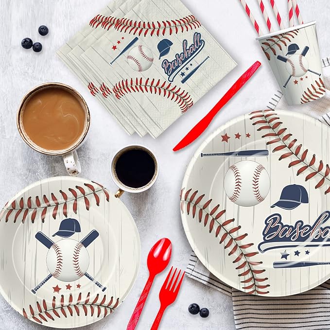 Baseball Party Decorations Tableware, Baseball Birthday Baby Shower Party Supplies Dinnerware Include Paper Plate, Cup, Napkin, Tablecloth, Cutlery, Straw, Serves 24