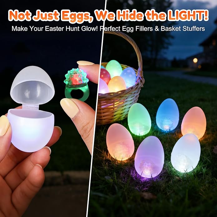 MINGOMINGO 25 Pack LED Light Up Rings & Glow Rings Bulk Party Favors - Non-Candy Easter Egg Fillers & Classroom Rewards, Treasure Box Toys, 3-Mode Flashing Ring Glow Party Supplies