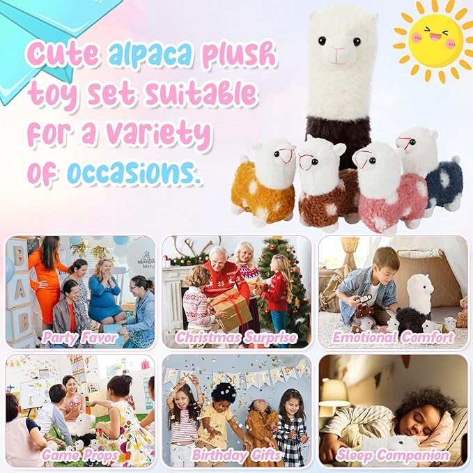Civaner Llama Stuffed Animal with 4 Baby Llama Plushies Cute Alpaca Plush Set Soft Kawaii Alpaca Pillow for Kids Girls Easter Mother's Day Birthday Party Charity Donation Home Decor(Brown)