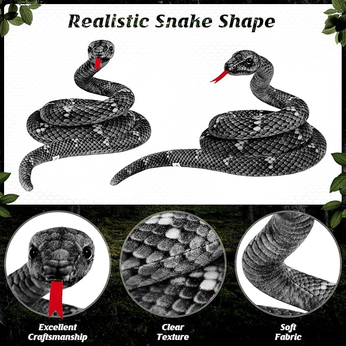 Giant Stuffed Snake, 80in Lifelike Plush Snake for Kids, Birthday Gift Party Prank Prop (Black)