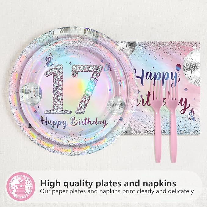96Pcs 17th Birthday Party Decorations for Girls Dancing Queen Plates and Napkins Iridescence Silver Pink 17th Tableware for Girls Dancing Queen Seventeen Birthday Party Decorations Serve 24