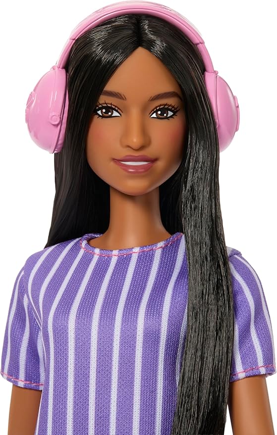 Barbie Fashionistas Doll #245, Autistic Doll Wearing Purple Striped Dress with Accessories Like Fidget Spinner, Tablet and Headphones