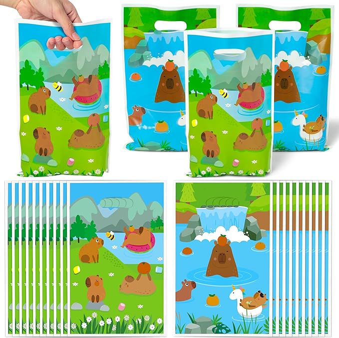 Capybara Party Favor Bags - 50Pcs Capybara Patterns Goody Candy Treat Gifts Bags, Cute Animals Themed Party Favors Supplies Decorations for Kids Boys Girls Birthday Baby Shower Animals Events