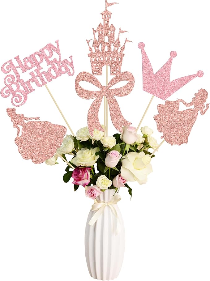 Gyufise 12Pcs Princess Centerpiece Sticks Birthday Bowknot Castle Birthday Table Flower Centerpieces Sticks Crown Bow Party Decorations for Bridal Shower Birthday Wedding Party Supplies Rose Gold
