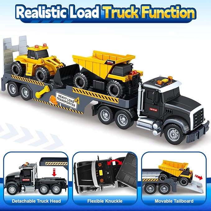 Toddler Boy Toys for 3 4 5 6 7 Years Kids, 21" Semi Construction Carrier Truck Toy with Excavator and Dump Truck, Friction Powered Toys with Lights and Sounds, Birthday for Boy Girls