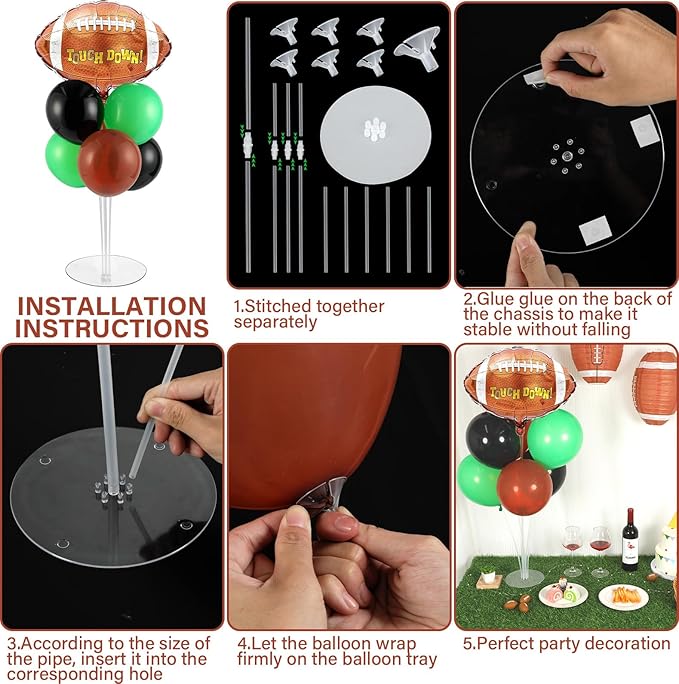 Football Party Balloons Stand Kit 2 Sets with 2 Rugby Ball Foil Balloons Football Themed Party Balloon Centerpiece for Tables for Game Sports Graduation Birthday Footballs Themed Decorations