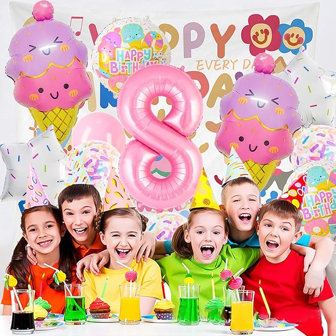 Pink Ice Cream Balloons, Number 8 Balloon, 8th Birthday Decorations for Girls, Ice Cream Balloon for Girls Birthday Party Decoration (8)