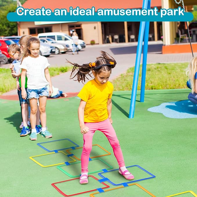 Woanger 2 Sets of Hopscotch Outdoor Squares 20 Pcs Hopscotch Ring Game with 30 Pcs Connectors Outdoor Indoor Obstacle Course for Kids Playground Agility Training(Hoop, Square,11 Inch, 15 Inch)