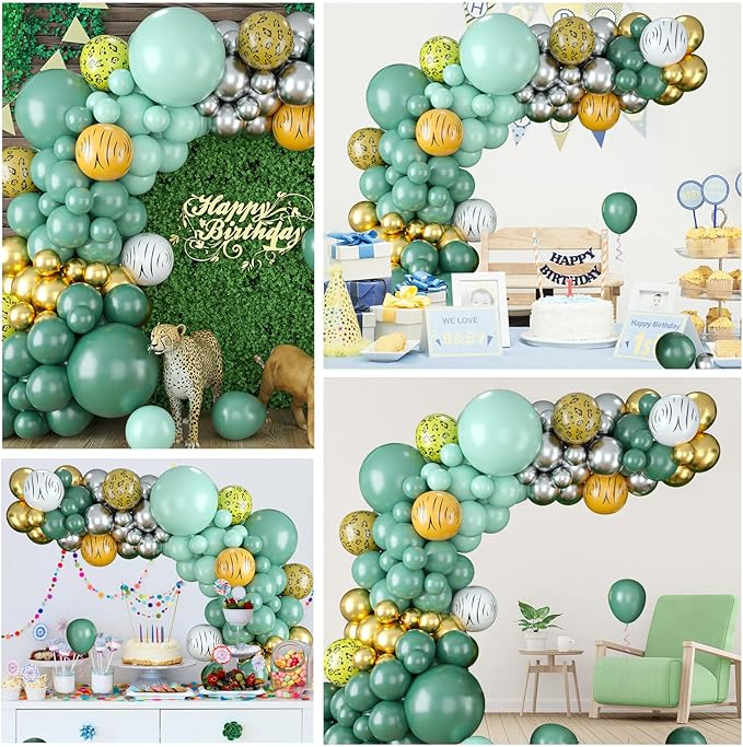 Sage Green Balloon Garland Arch Kit, Sage Green Metallic Gold and Silver Jungle Animal Pattern Latex Balloons for Baby Shower Wedding Birthday Graduation Bachelorette Party Decoration