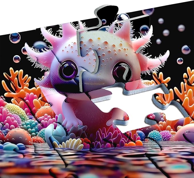 PICKFORU Cute Axolotl 1000 Piece Puzzle for Adults, Colorful Sea Animal Undersea Corals Jigsaw Puzzles, Impossible Hard Unique Art Theme as Home Decor