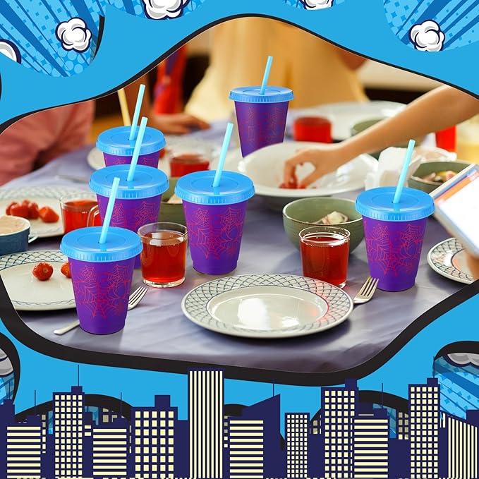 12 Pcs 16 oz Spider Cups Bulk, Spider Birthday Party Favors Cups with Lids and Straws, Plastic Cup for Birthday Party Decorations Celebration Birthdayy Partty Favor Supplies for Friends