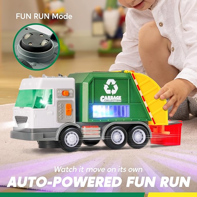 LED Garbage Truck Toy Set Includes Dumpster, Toy Truck with Mode Switch & Volume Control, Trash Vehicle with Lights and Sounds, Automatic Bump, Easter Basket Stuffers Birthday Gift for Boys Girls