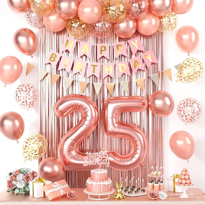 25th Happy Birthday Party Decorations, Rose Gold Birthday Decorations With Number 25 Balloons Gold Confetti Balloons Fringe Curtain Triangle Flag Banner Cake Topper For Girl Women Party Supplies