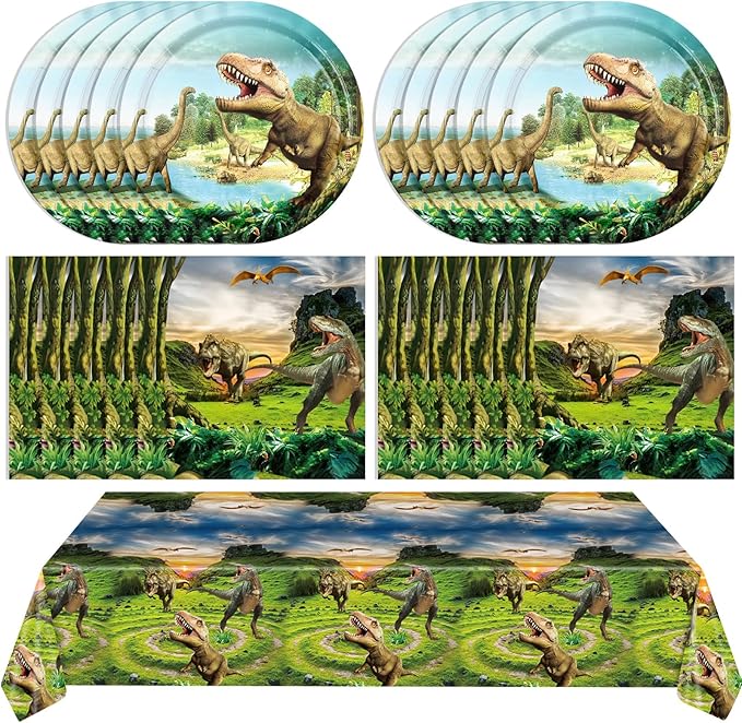 41Pcs Dinosaur Birthday Party Decorations,Dino Party Decorations Tableware Set Jurassic Dinosaur Paper Plates Napkins Tablecloth丨Boys Kids Baby Shower Jurassic Theme Birthday Party Decor,Serve 20