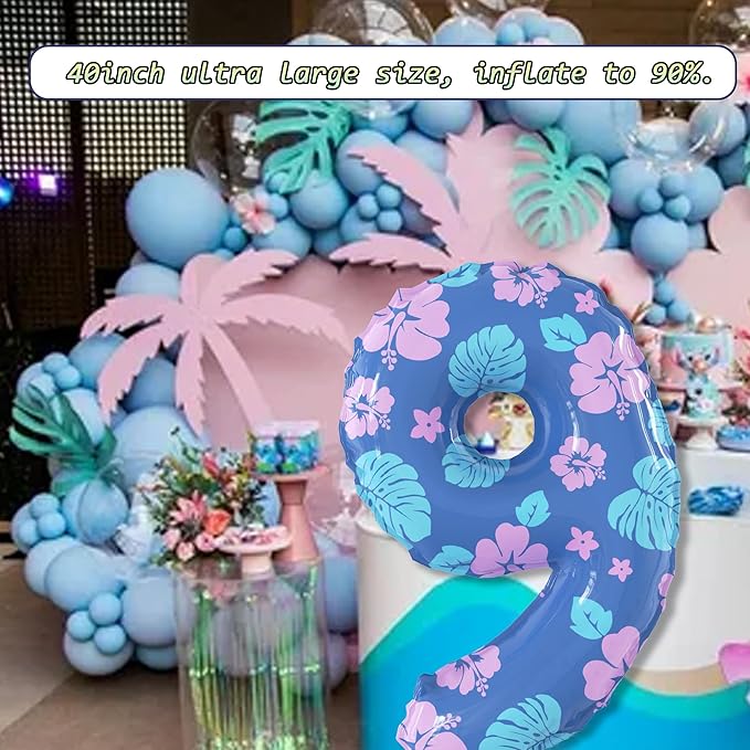 40 Inch Number 9 Balloon Leaf and Flower Birthday，9th Birthday Decorations for Kids' Parties Hawaii Party Supplies Favor Pink and Blue