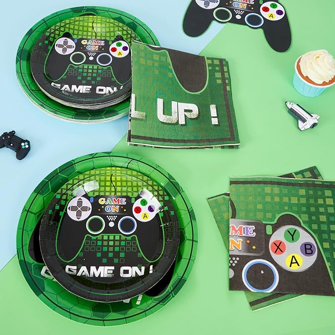 WERNNSAI Video Game Birthday Decorations - 48 PCS Game On Plates and Napkins Gamer Birthday Decorations Gaming Party Favor Serves 16 Guests