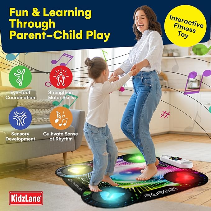 Kidzlane Light Up DJ Dance Mat for Kids - Bluetooth & AUX Compatible - 3 Fun Arcade Games - Adjustable Volume - Detachable Top Mats with Discoball & Speaker Motives - Durable Plastic - Multi-Color