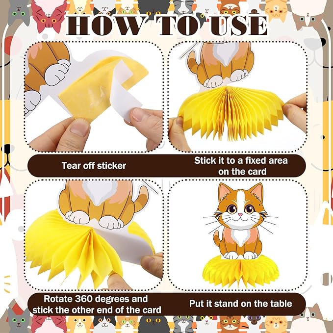 Pickmesh 12 Pcs Cat Birthday Party Decoration Honeycomb Centerpieces Kitten Table Centerpieces Cats Table Topper 3D Double Sided Kitten Decoration for Birthday Pet Theme Party Favors Supplies