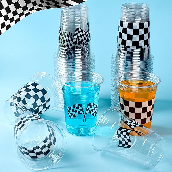 peony man 50 Pcs Checkered Racing Party Plastic Cups 16 oz White Black Checkered Flag Clear Cup Disposable Race Car Drinking Cups for Race Car Sports Themed Birthday Party Favors Supplies
