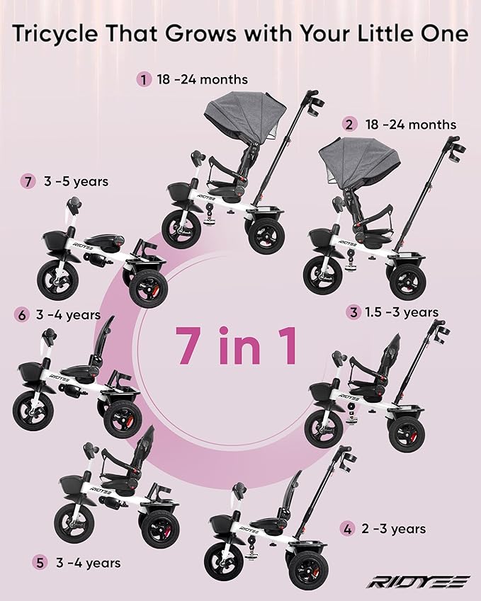 7-in-1 Tricycle for 18 Months to 5 Years, All-Terrain Rubber Tires, Dual Wheel Brakes, Rotatable Seat for Toddlers 1.5-3, Tricycle for 3-5 Years with DIY Stickers, White