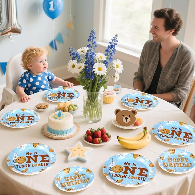 96Pcs Milk and Cookies 1st Birthday Decorations One Sweet Cookie Birthday Plates and Napkins Chocolate Chip Cookies and Milk Drinks Tableware Set for Boy One Year Old birthday Party Supplies Serves 24