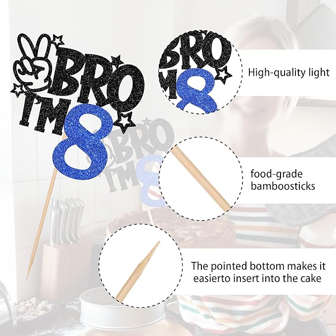 1 PCS Brother I'm 8 Cake Topper Glitter Star Happy 8th Birthday Cake Pick Bro I'm 8 Cake Decoration It's My 8th Birthday Decorations for Boys Cheers to 8 Years Old Birthday Party Supplies Blue