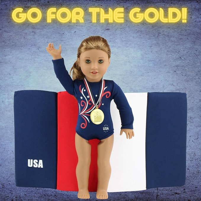 Emily Rose 18 Inch Doll Gymnastics Outfit 4-Piece Gymnast Playset | Leotard, Tumbling Mat, Gold Medal & Face Stickers | USA Brand, Premium Quality 18” Doll Clothes & Accessories