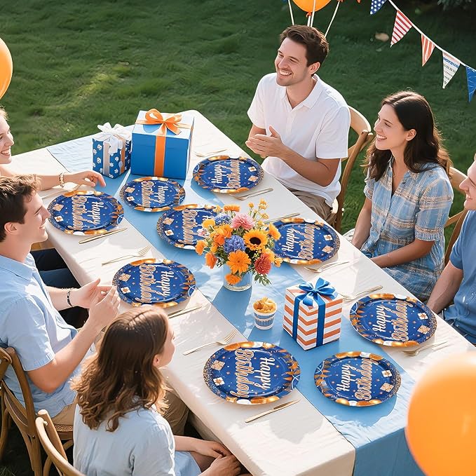 96 Pcs Happy Birthday Party Decorations Blue and Orange Plates and Napkins Disposable Navy Blue Orange Tableware Set for Boys Girls Men Women Birthday Anniversary Party Supplies Serves 24