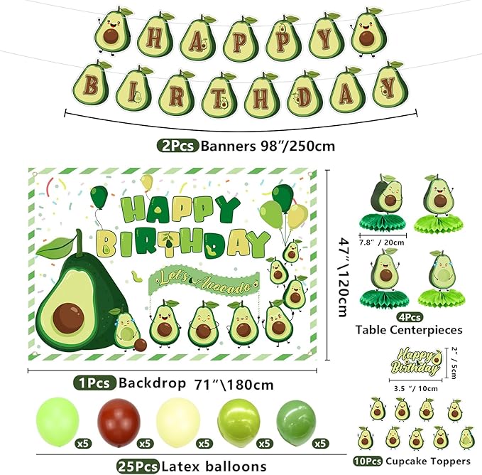 Fruit Avocado Party Supplies, Avocado Theme Party Decorations for Girls Kids Avocado One Birthday Party with Plates Cups Napkins Tablecloth Birthday Backdrop Banner Balloons, Serves 20