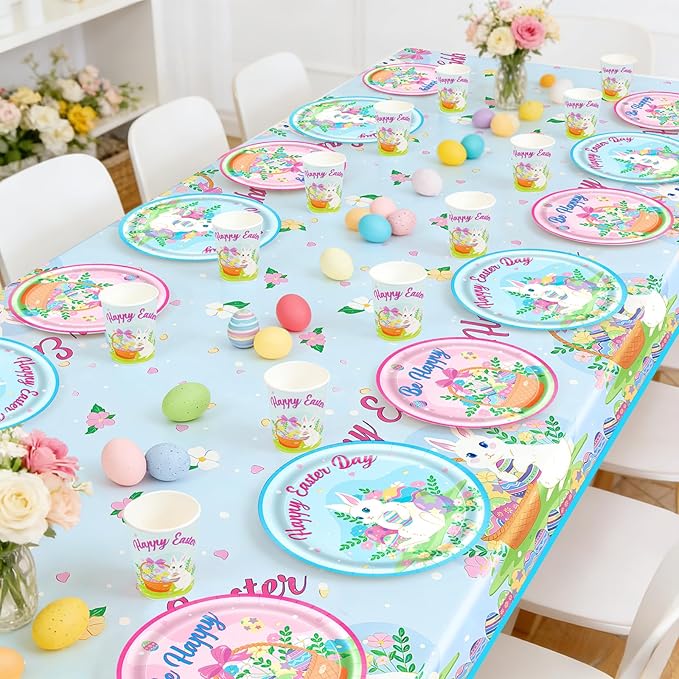 185 Pcs Easter Party Supplies Easter Party Decorations Tableware Set Serves 24, with Easter Bunny Plates Napkins Cups Forks Knives Spoon Tablecloth Banner Balloons for Spring Eater Party Decorations