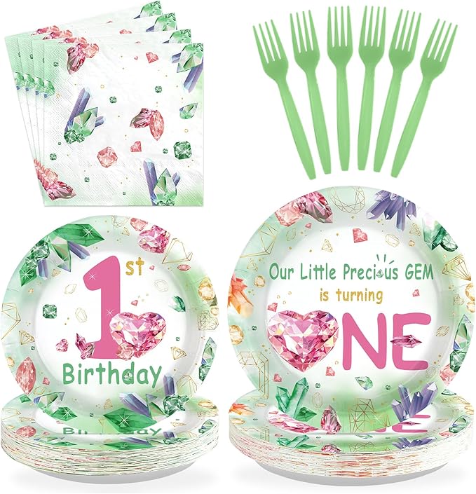 96Pcs 1st Birthday Party Supplies Gem Stone Plates and Napkins Our Little Precious Gem is Turning One Green Crystal Jewel Tableware Sets for 1st Birthday Girl Boy One Year Old Party Serve 24
