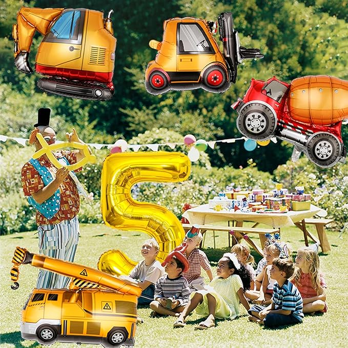 Construction Birthday Party Supplies 5 Year Old, Large Construction Balloons 40Inch Gold Number 5 Balloon Construction Truck Foil Balloons for Boys 5th Construction Birthday Party Decorations