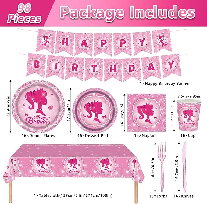 98PCS Pink Girl Birthday Party Supplies Hot Pink Party Tableware Set Sweet Girls Birthday Baby Shower Decorations Princess Paper Plates and Napkins Set Tablecloth Banner Serve 16 Guests