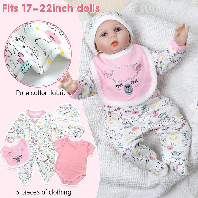 13 Pcs Set Reborn Baby Dolls Clothes Girl Outfit Accessories Pink Sheep Print for 17-22 Inch Reborn Dolls Newborn Girl with Pink Strawberry Backpack Diaper