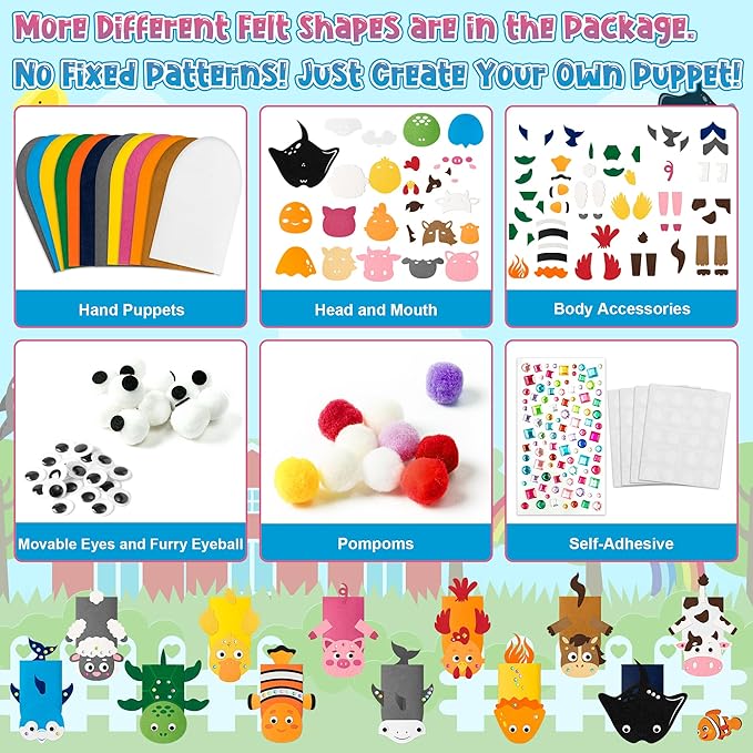 WATINC 12Pcs Hand Puppet Making Kit, Art Craft Felt Sock Puppet Toys, Creative DIY Make Your Own Pompoms Wiggle Googly Eyes Storytelling Role Play Party Supplies Gift for Girls Boys (Farm A Ocean A)
