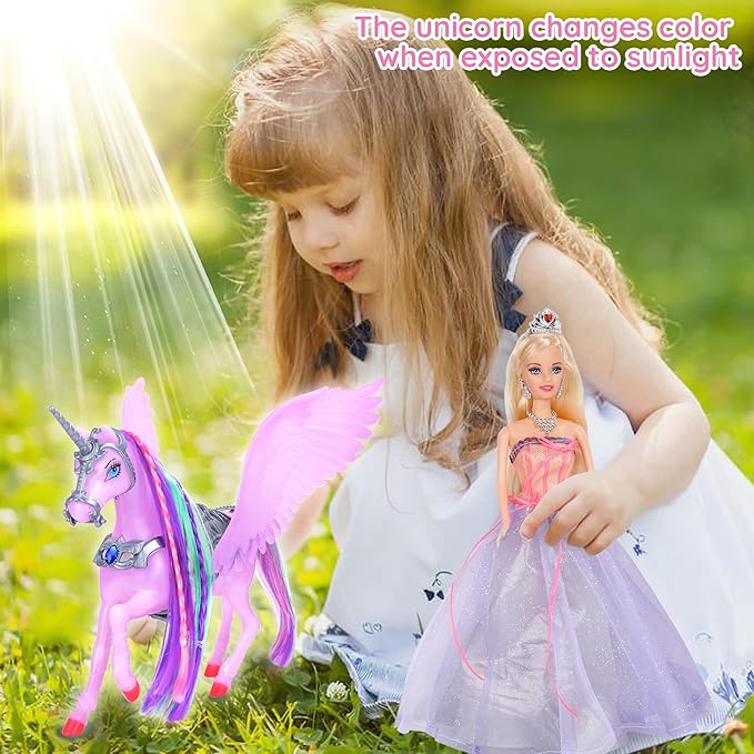 BETTINA Princess Doll with Color Changing Unicorn Toys, Unicorn Changes Color Under Sunshine, 11.5 Inch Doll with Princess Dress&Acessories, Xmas Birthday Toys Gifts for Girls 3-12