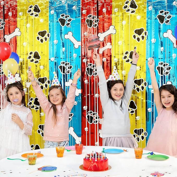 2 Pack Dog Birthday Party Decorations Foil Fringe Curtains Backdrop, 3.28 x 6.56 Ft Red Gold Blue Foil Fringe Tinsel Streamer Photo Booth Props for Birthday Party Supplies Favors