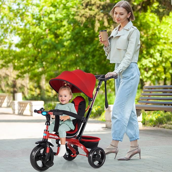 INFANS Kids Tricycle, 6 in 1 Stroll Trike with Adjustable Push Handle, Removable Canopy, Retractable Foot Plate, Lockable Pedal, Detachable Guardrail, Suitable for 10 Months to 5 Years (Red)