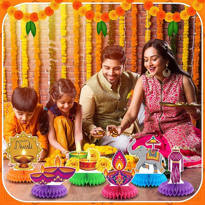 12 Pcs Diwali Party Decorations Honeycomb Centerpieces Happy Diwali Table Decoration Elephants Marigold Candlestick Indian Hindu Lights Table Topper for Indian Party Favors Supplies