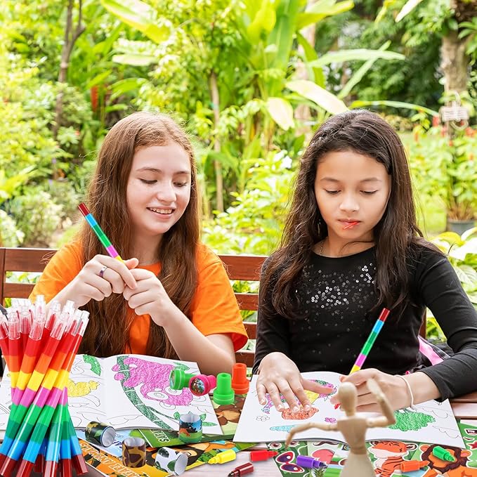 BenLouis 96Pcs Jungle Safari Party Favors Zoo Animals Coloring Books Crayons Sticker Stampers Slap Bracelets Set Bulk Classroom Prizes for Kids Wild One Party Baby Shower Goodie Bags Fillers