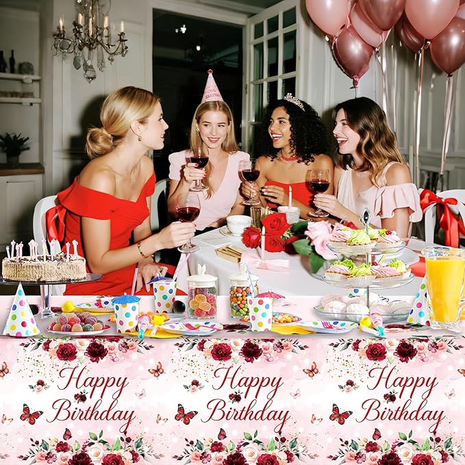 3PCS Happy Birthday Party Tablecloths for Woman Lady Girls Birthday Pink Watercolor Floral Themed Burgundy Flower Table Cover Party Decorations Disposable Plastic Table Cloth