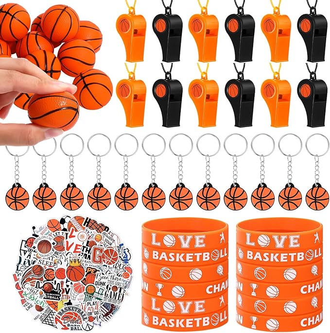 Aoriher 108 Pcs Basketball Party Favors Set Basketball Party Themed Goodie Bag Fillers Mini Basketball Balls Whistle Silicone Bracelet Tattoo Sticker Temporary Keychain for Sport Party Supplies