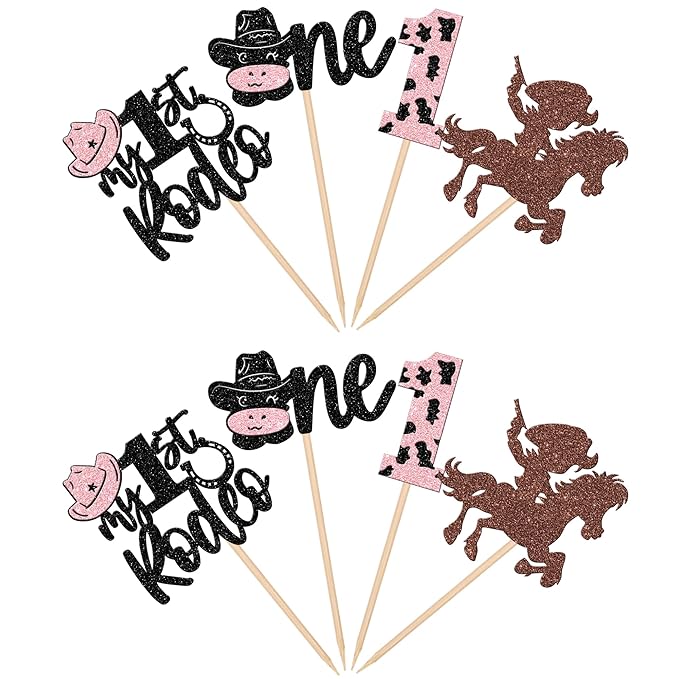 24 PCS Cowboy Cupcake Toppers - Glitter Hat, One My 1st Rodeo Cupcake Picks, First Birthday Cow One Cake Decorations for Western Theme Baby Shower, Kids 1st Birthday Party Supplies - Pink