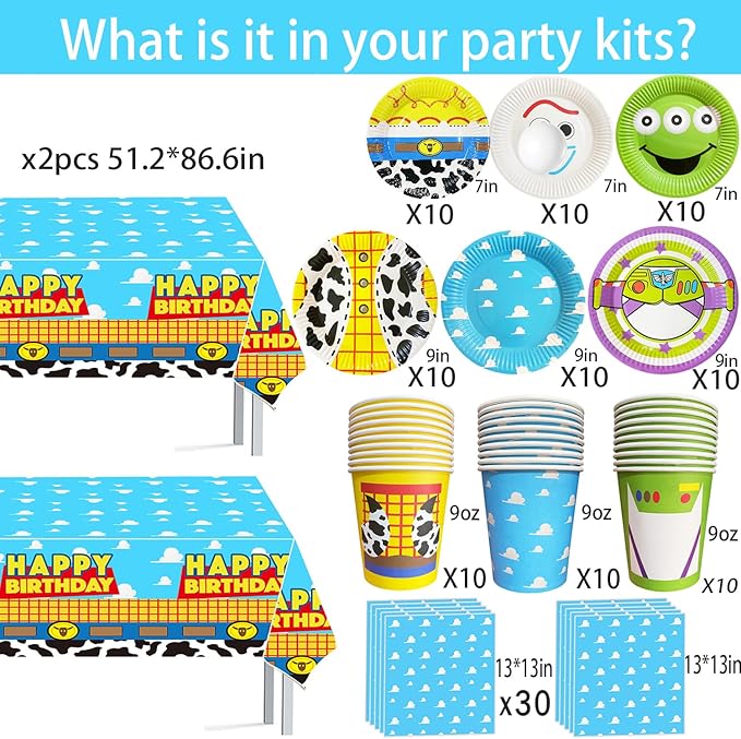 Cartoon Story Birthday Party Supplies 2nd Bday 134pcs Two Infinity and Beyond Birthday Decorations include Plates Napkins Cups Tablecloth Banner for Boys 1st 2nd 3rd 4th 10th Bday Serve 30 Guest