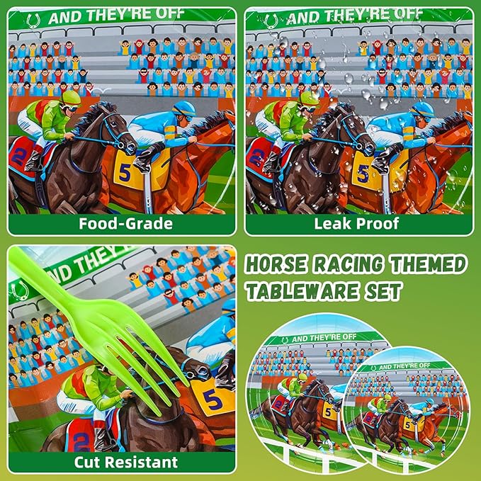 Roshtia 192 Pcs Derby Party Supplies for Horse Racing Party Decorations Derby Day Party Tableware Set Horse Theme Birthday Party Paper Plates Napkins Fork for 48 Guests (Classic)