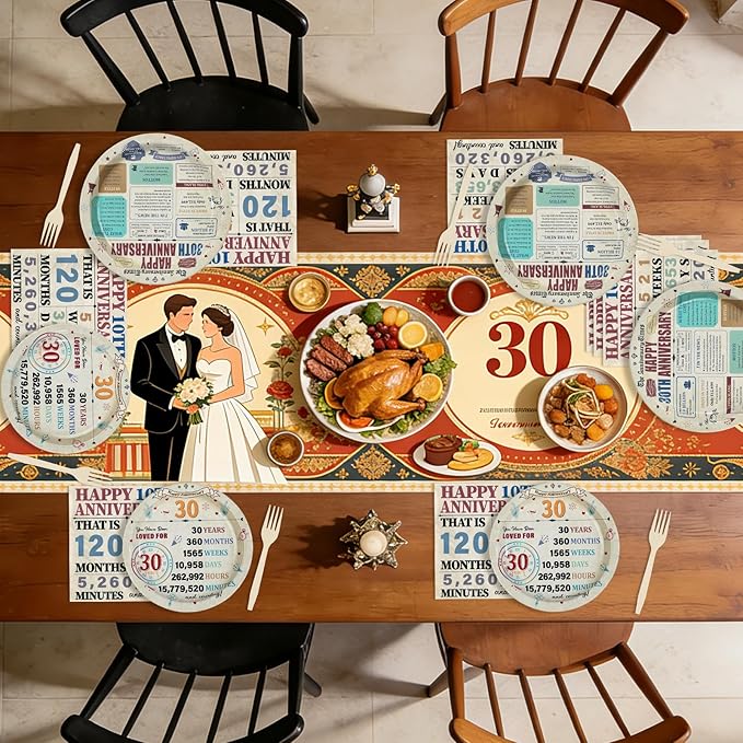 96Pcs 30th Anniversary Party Decorations Retro 30 Years Wedding Aday Plates and Napkins Happy 30th Anniversary Disposable Tableware Set for Vintage 30 Year Wedding Party Supplies Serves 24