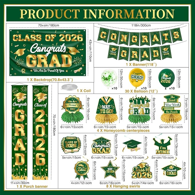 Graduation Decorations Class of 2026 Green and Gold Graduation Party Decor Set include Congrats Grad Banner Backdrop Class of 2026 Balloons Party Supplies