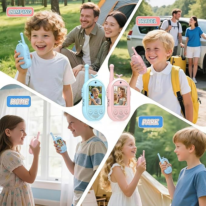 Video Walkie Talkies for Kids, Headband Emoji Function, 4 Voice Changing Switches, Hanging Rope Top-C Charging, Video Walkie Talkies (Blue+Pink, Suitable for Children Over 4 Years Old)