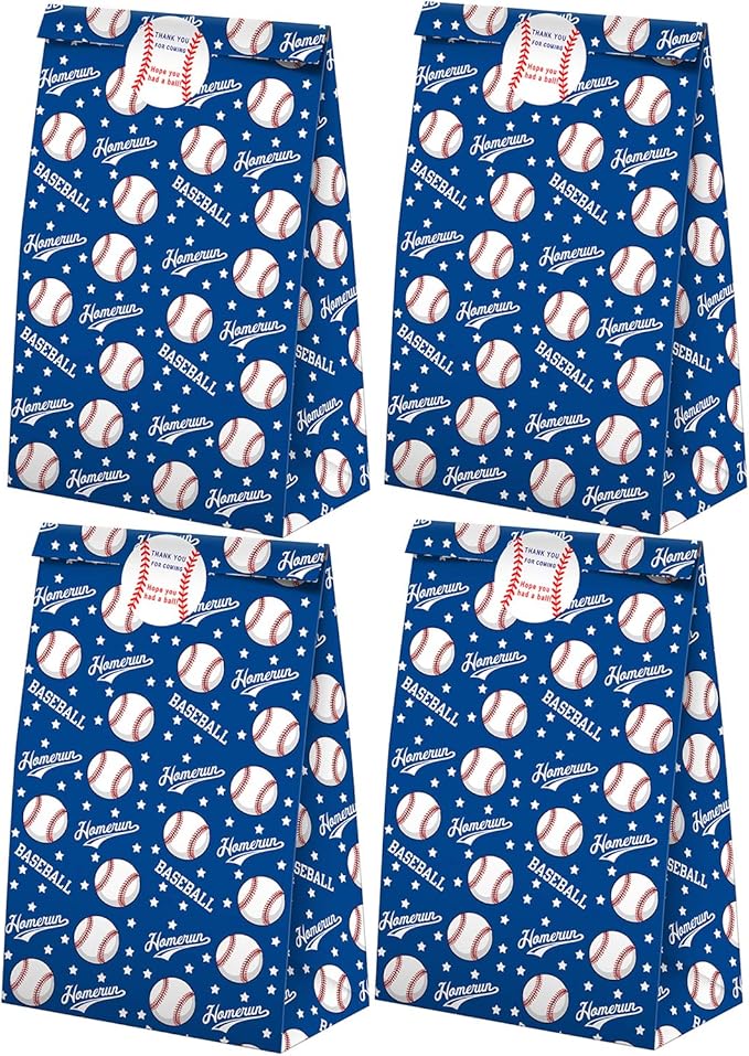 SamPartyShop 24 Pack Baseball Party Candy Favor Bags with Stickers, Baseball Themed Birthday Party Supplies